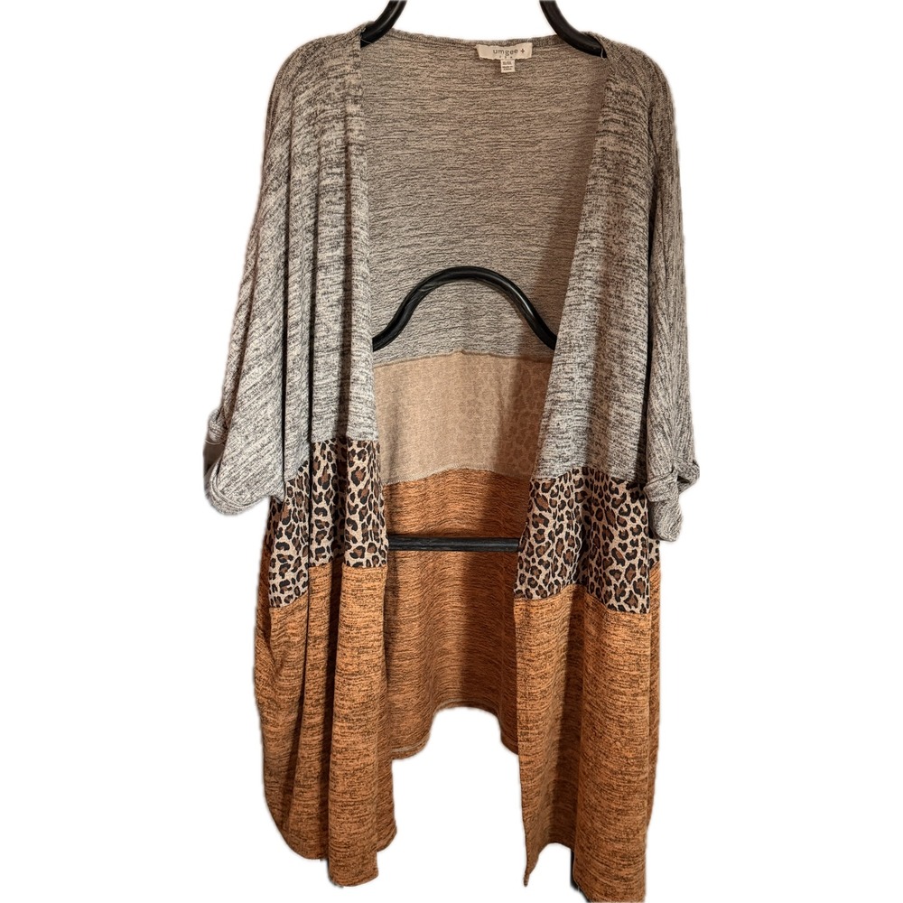 Umgee USA Womens XL XXL Colorblock Leopard Print Open Front Cardigan Gray Rust
